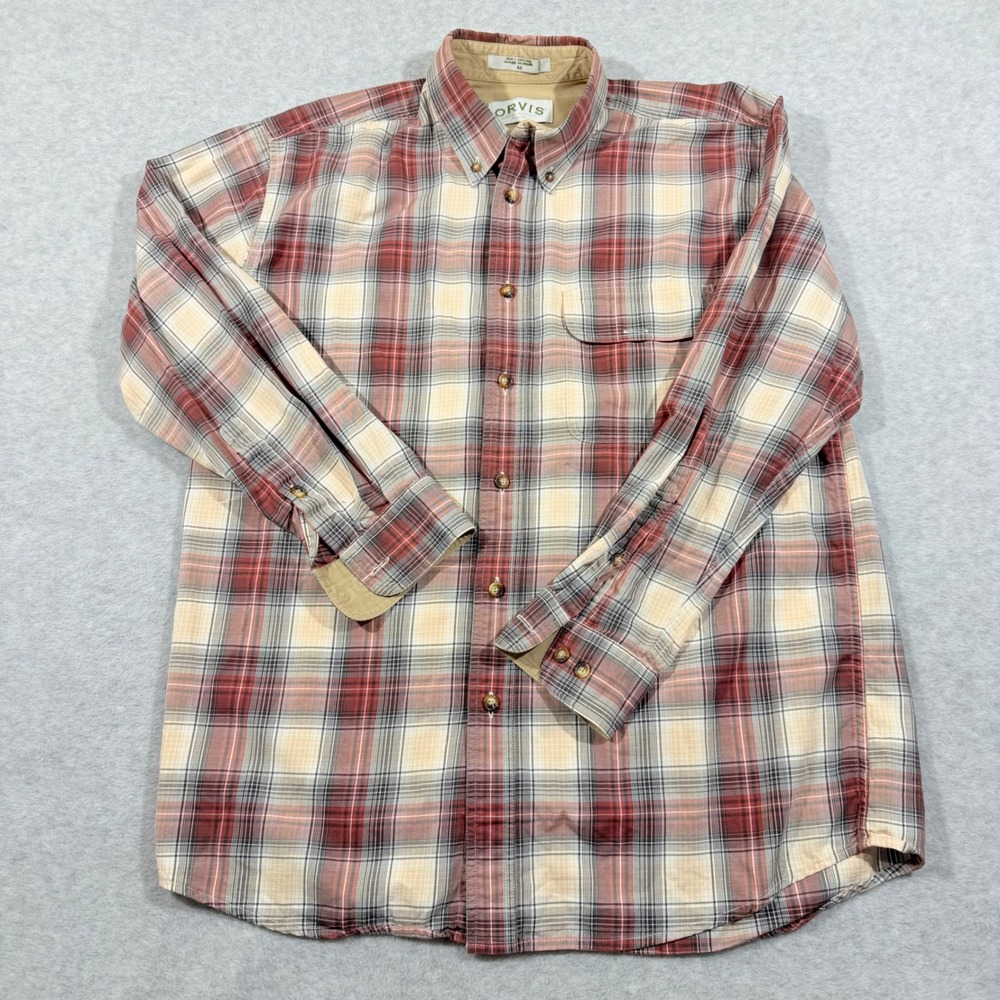 Orvis Plaid‎ Button Down Shirt Mens Medium Red Tan Long Sleeve Cotton